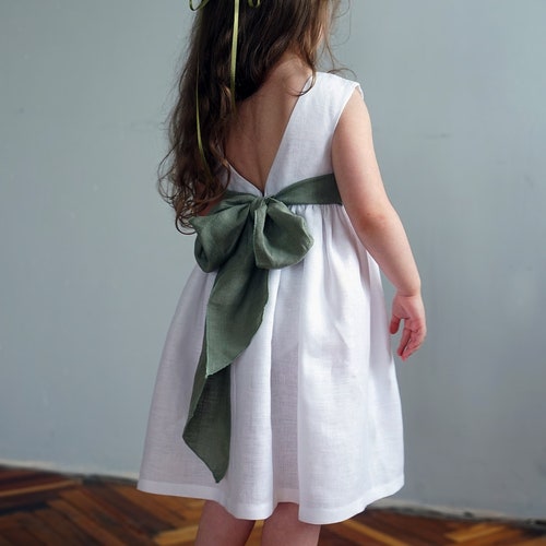 Boho Linen Flower Girl Dress – White Toddler Dress with Bow Back