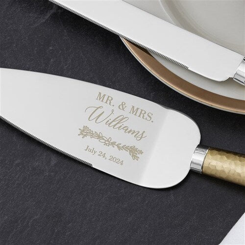 Laurels of Love Gold Hammered Cake Knife & Server or Champagne Flute Set