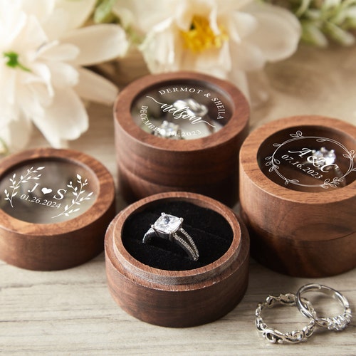 Personalized Wooden Engagement Ring Box | Double Ring Bearer Box with Custom Design