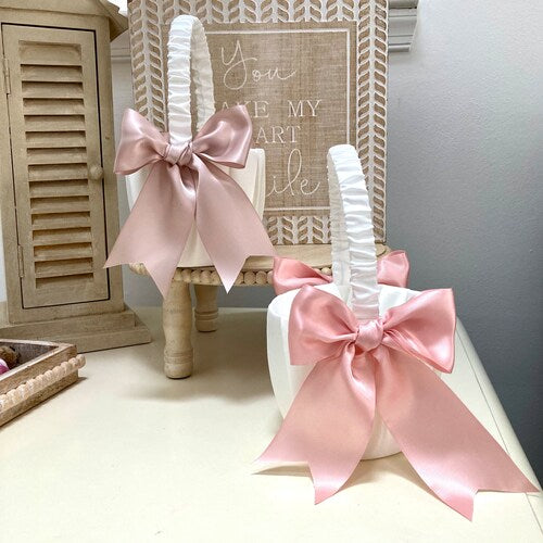 Elegant Satin Flower Girl Basket with Customizable Bows