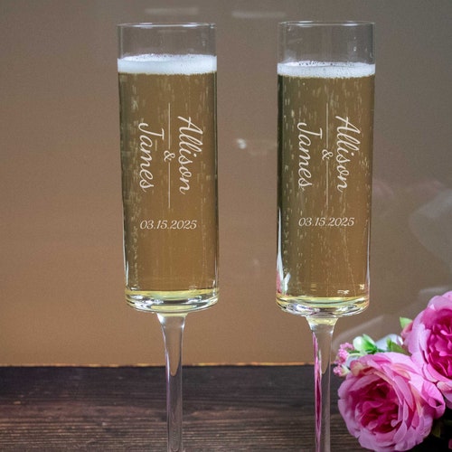 Modern Wedding Toasting Flutes with Personalized Wooden Gift Box