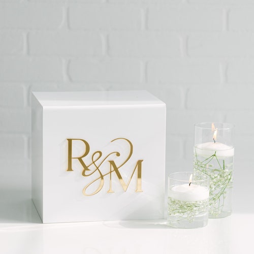 White Acrylic Wedding Card Box with Lock and Custom Raised Text