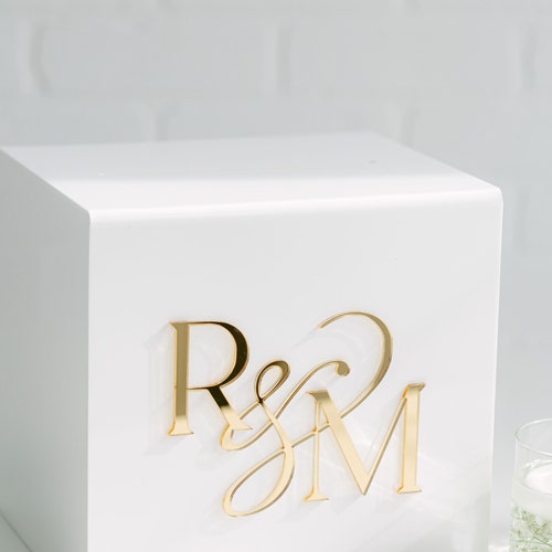 White Acrylic Wedding Card Box with Lock and Custom Raised Text