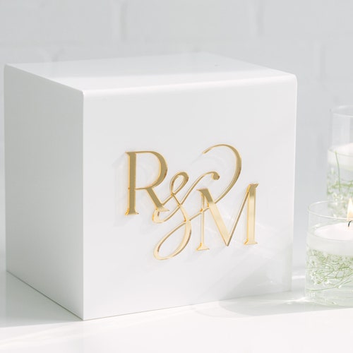 White Acrylic Wedding Card Box with Lock and Custom Raised Text