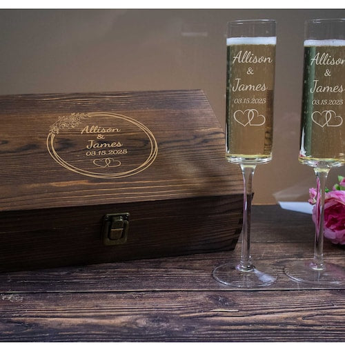 Modern Wedding Toasting Flutes with Personalized Wooden Gift Box