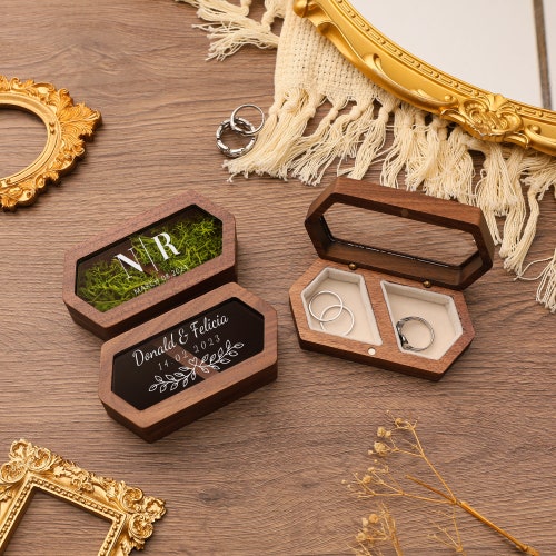 Personalized Wooden Double Slot Ring Box | Custom Wedding Ring Holder | Engraved Ring Bearer Box