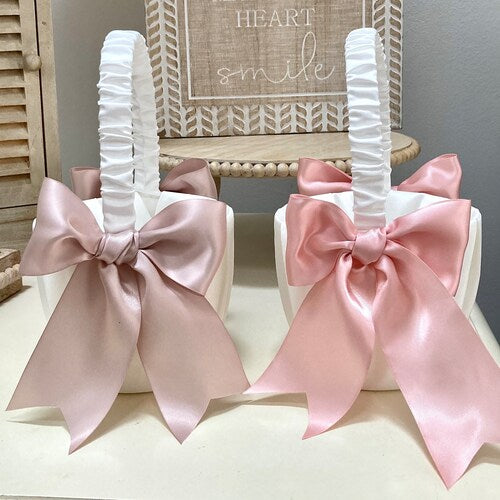 Elegant Satin Flower Girl Basket with Customizable Bows