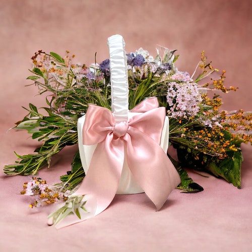 Elegant Satin Flower Girl Basket with Customizable Bows