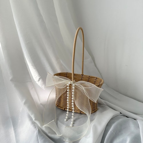 Flower Girl Basket with Pearl Chain & Ivory Ribbon