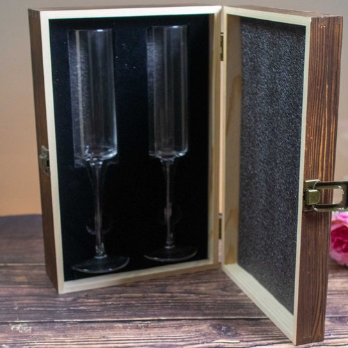 Modern Wedding Toasting Flutes with Personalized Wooden Gift Box