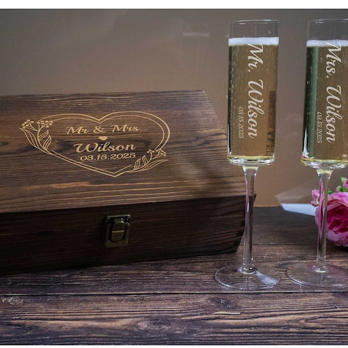 Modern Wedding Toasting Flutes with Personalized Wooden Gift Box