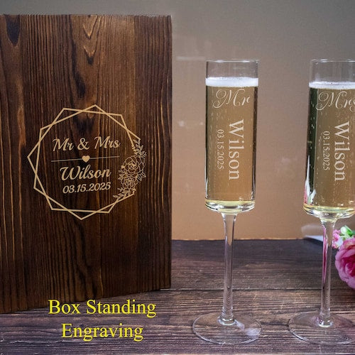 Modern Wedding Toasting Flutes with Personalized Wooden Gift Box