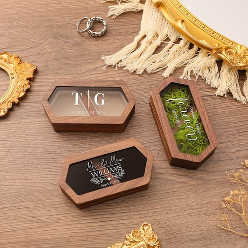 Personalized Wooden Double Slot Ring Box | Custom Wedding Ring Holder | Engraved Ring Bearer Box