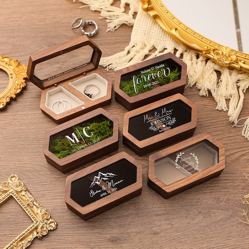 Personalized Wooden Double Slot Ring Box | Custom Wedding Ring Holder | Engraved Ring Bearer Box