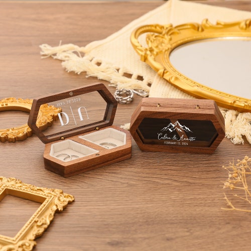 Personalized Wooden Double Slot Ring Box | Custom Wedding Ring Holder | Engraved Ring Bearer Box