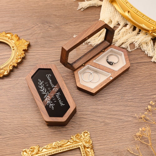 Personalized Wooden Double Slot Ring Box | Custom Wedding Ring Holder | Engraved Ring Bearer Box