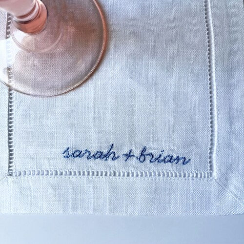 Personalized Embroidered Linen Cocktail Napkins with Custom Names and Icons