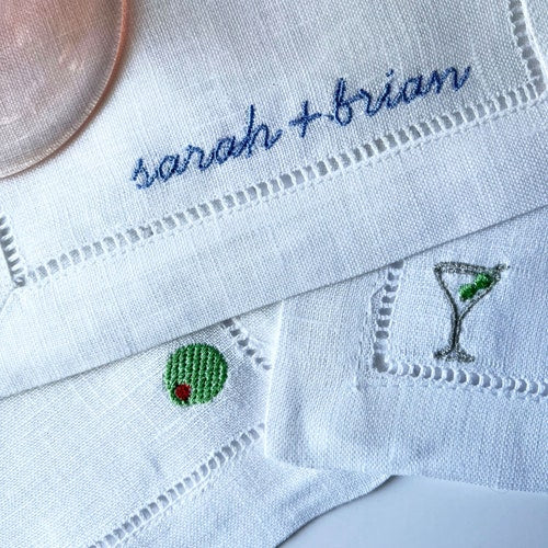 Personalized Embroidered Linen Cocktail Napkins with Custom Names and Icons