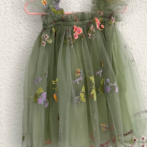 Green Tulle Flower Dress with Ruffle Sleeves