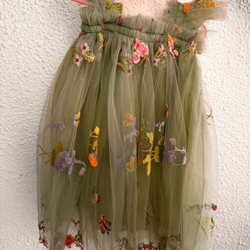 Green Tulle Flower Dress with Ruffle Sleeves