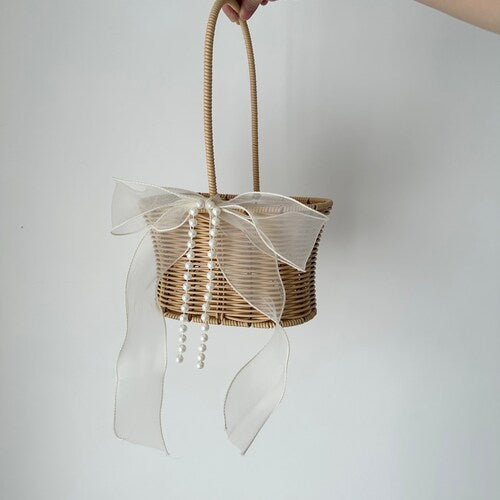 Flower Girl Basket with Pearl Chain & Ivory Ribbon