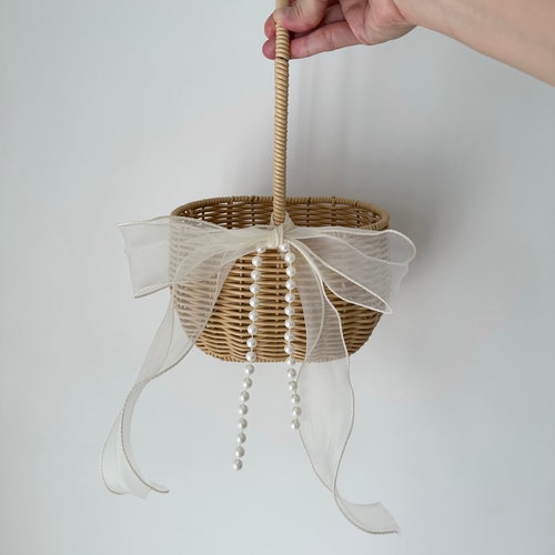 Flower Girl Basket with Pearl Chain & Ivory Ribbon