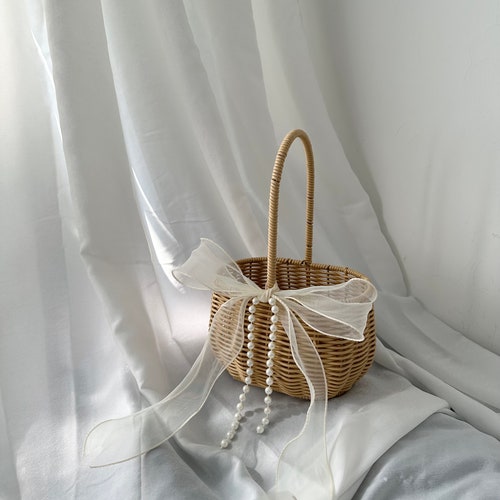 Flower Girl Basket with Pearl Chain & Ivory Ribbon