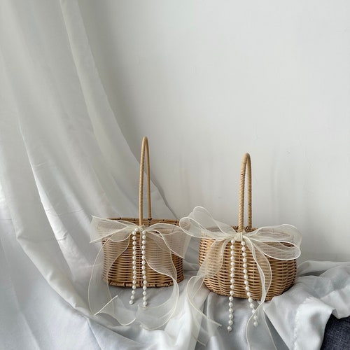 Flower Girl Basket with Pearl Chain & Ivory Ribbon