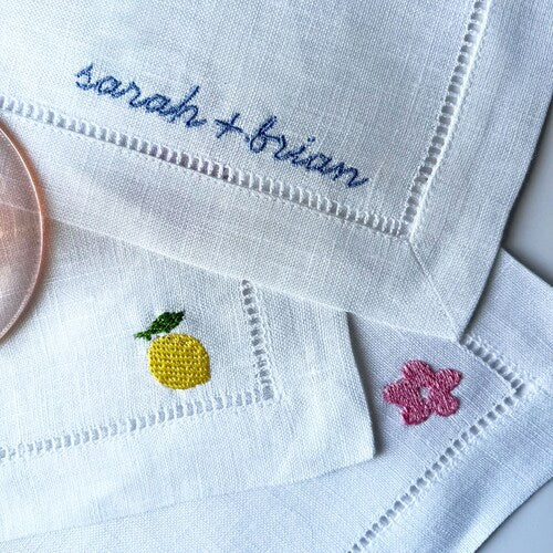 Personalized Embroidered Linen Cocktail Napkins with Custom Names and Icons