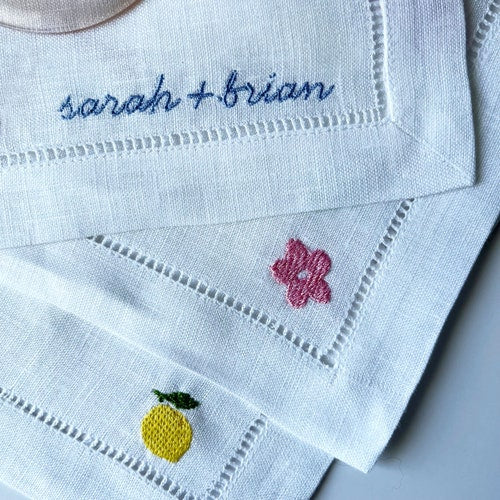 Personalized Embroidered Linen Cocktail Napkins with Custom Names and Icons