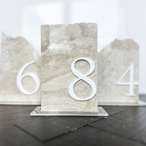 3D Marble Stone Table Numbers – Custom Layered Decor with Acrylic Script