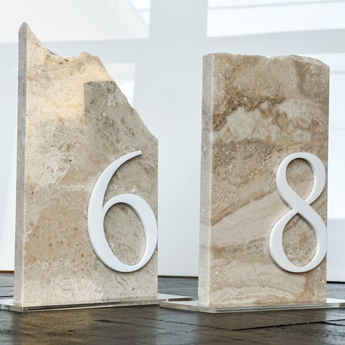 3D Marble Stone Table Numbers – Custom Layered Decor with Acrylic Script