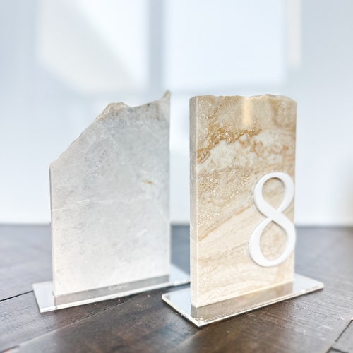 3D Marble Stone Table Numbers – Custom Layered Decor with Acrylic Script