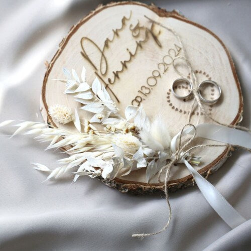 Personalized Boho Wedding Ring Holder – Engraved Wooden Disc with Dried Flowers