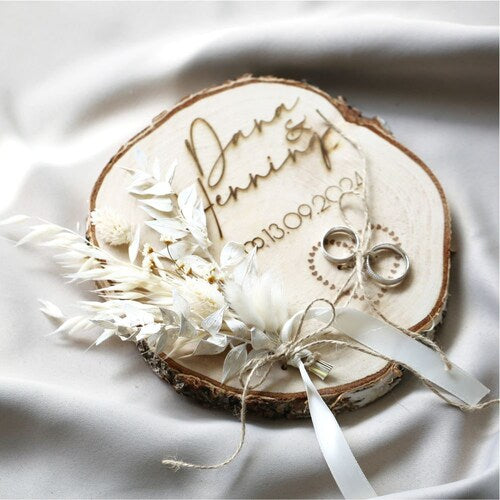 Personalized Boho Wedding Ring Holder – Engraved Wooden Disc with Dried Flowers