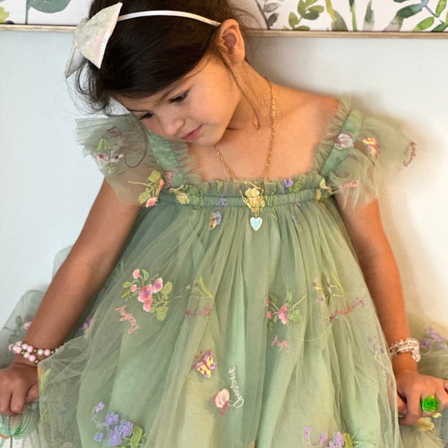 Green Tulle Flower Dress with Ruffle Sleeves