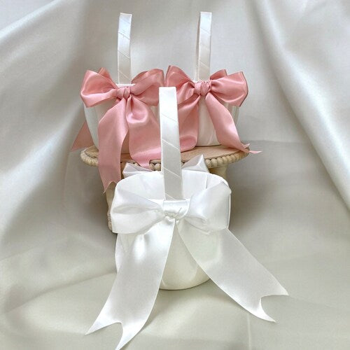 Elegant Satin Flower Girl Basket with Customizable Bows