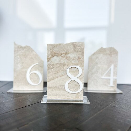 3D Marble Stone Table Numbers – Custom Layered Decor with Acrylic Script