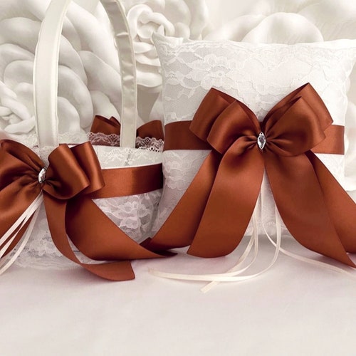 Rust Wedding Set: Flower Girl Basket, Ring Bearer Pillow, Cake Knife Set & Garter