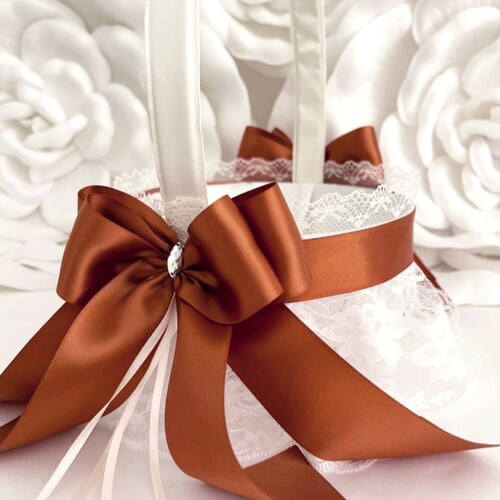Rust Wedding Set: Flower Girl Basket, Ring Bearer Pillow, Cake Knife Set & Garter