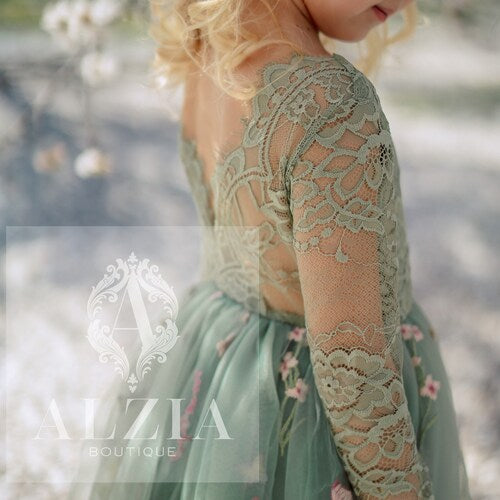 Long-Sleeve Floral Embroidered Tulle Flower Girl Dress