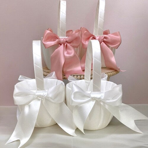 Elegant Satin Flower Girl Basket with Customizable Bows