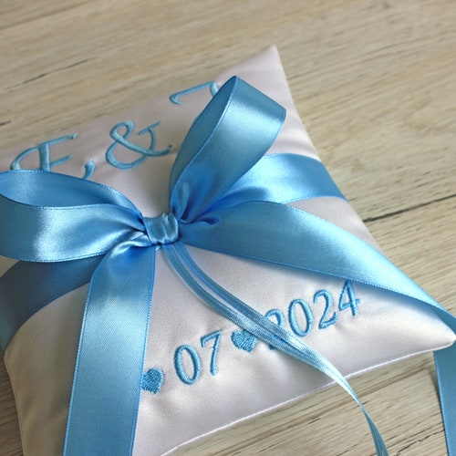 Personalized Silver Embroidered Ring Bearer Pillow – Handmade Satin Wedding Cushion