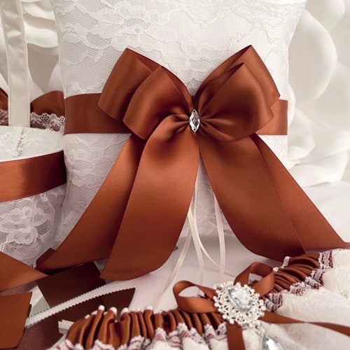Rust Wedding Set: Flower Girl Basket, Ring Bearer Pillow, Cake Knife Set & Garter