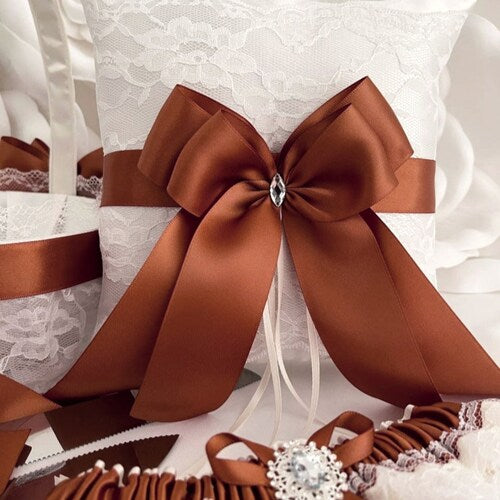 Rust Wedding Set: Flower Girl Basket, Ring Bearer Pillow, Cake Knife Set & Garter