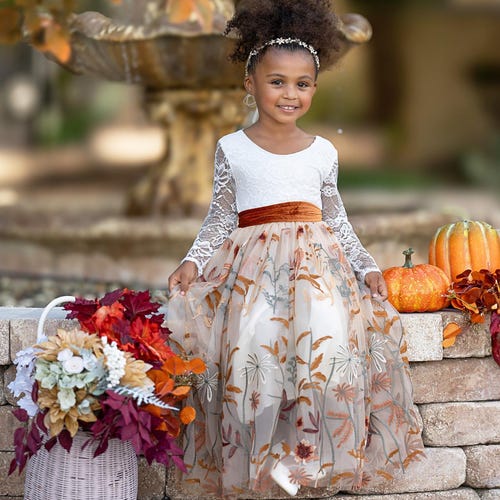 Champagne Floral Embroidered Tulle Flower Girl Dress with Long Sleeves