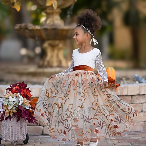 Champagne Floral Embroidered Tulle Flower Girl Dress with Long Sleeves