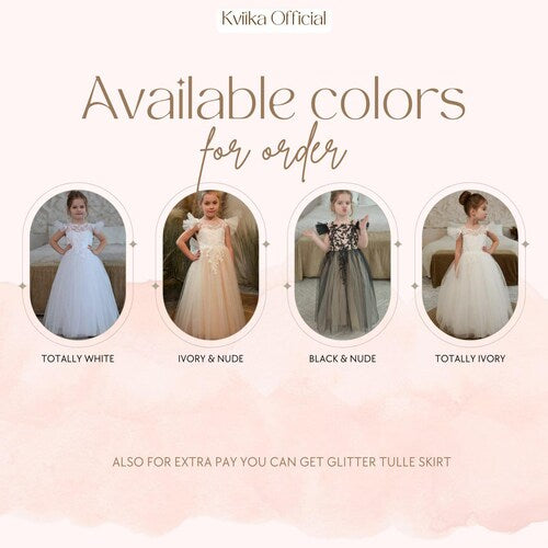 Ivory Flower Girl Dress with Detachable Train & Lace Embroidery - Tutu Ball Gown for Girls