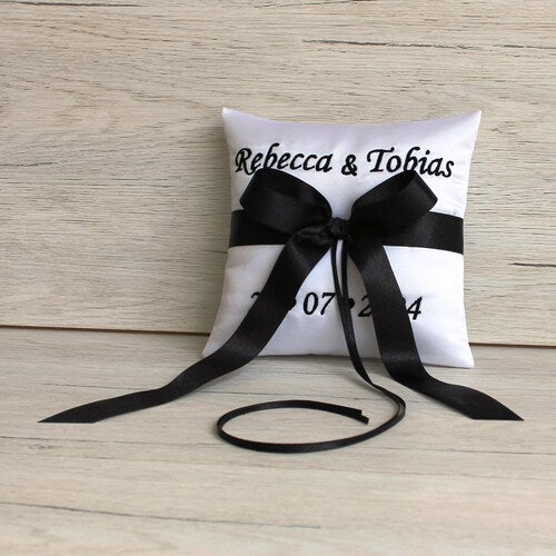 Personalized Silver Embroidered Ring Bearer Pillow – Handmade Satin Wedding Cushion