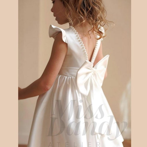 Ivory Satin Flower Girl Dress with V-Back and Big Bow